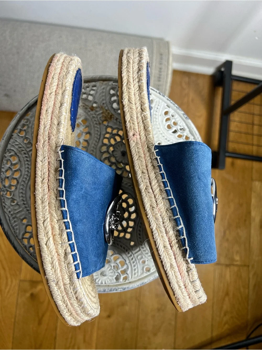 Coach Blue Suede Slide Espadrilles with Silver Horse-and-Carriage Medallions - Picture 5 of 6